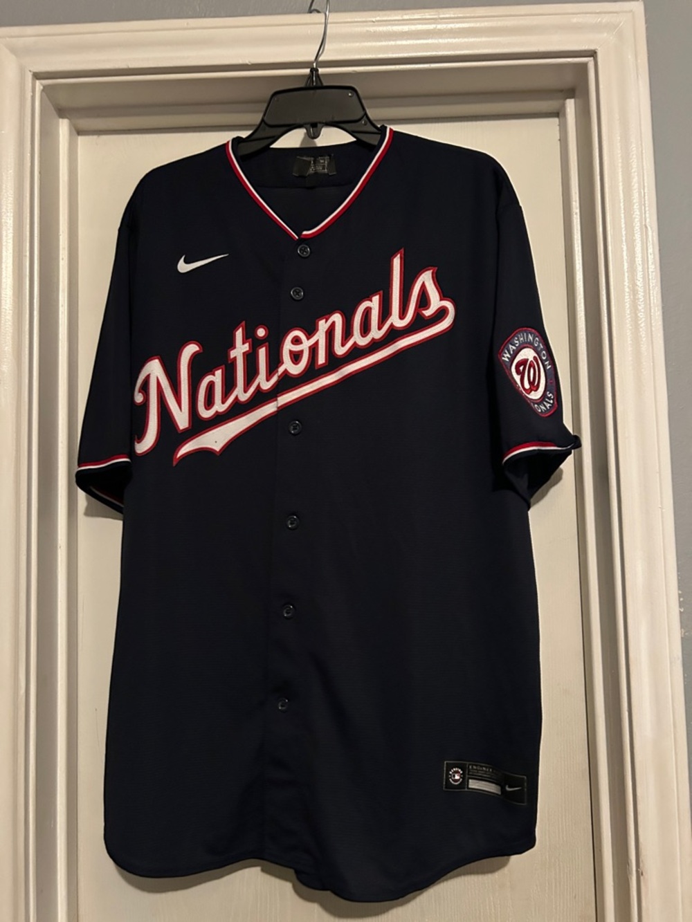 Nike Washington Nationals Navy Blue Baseball Jersey with Red and White Trim